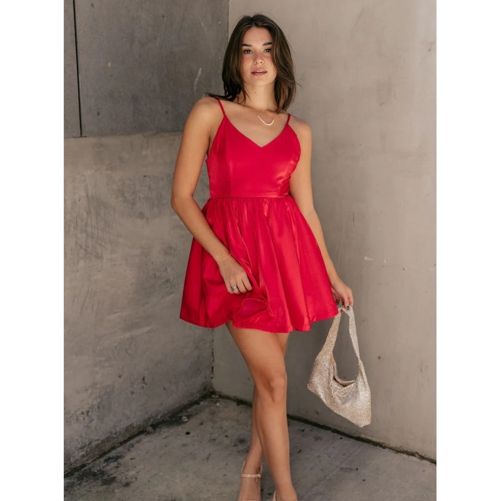 C'isa Hot Pink Satin Fit & Flare Mini Dress Smocked Back Statement Bow Size S